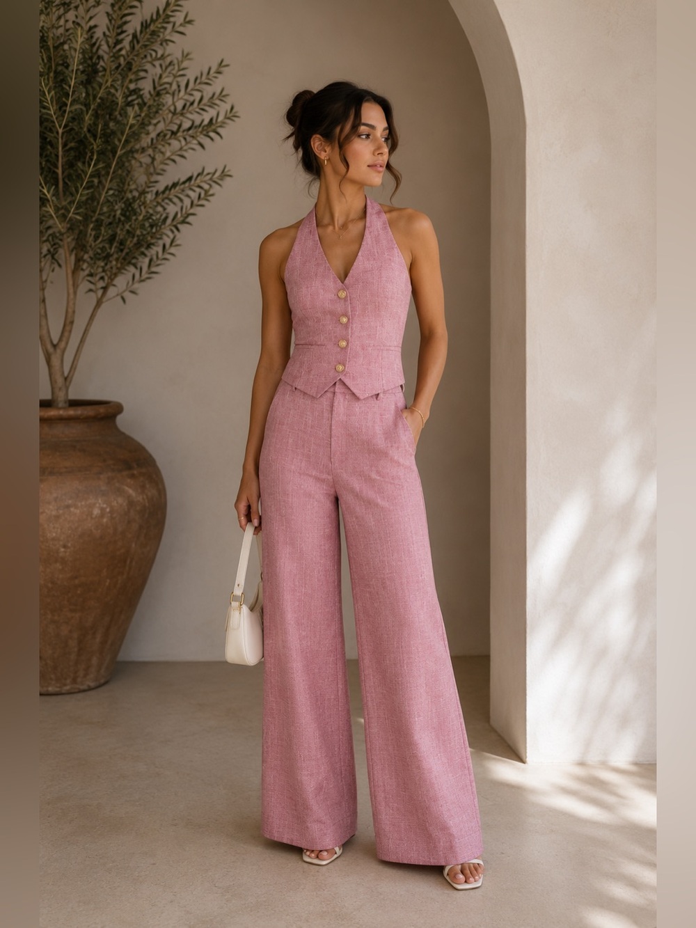 Commense Pink Halter Vest & Wide-Leg Pants Set